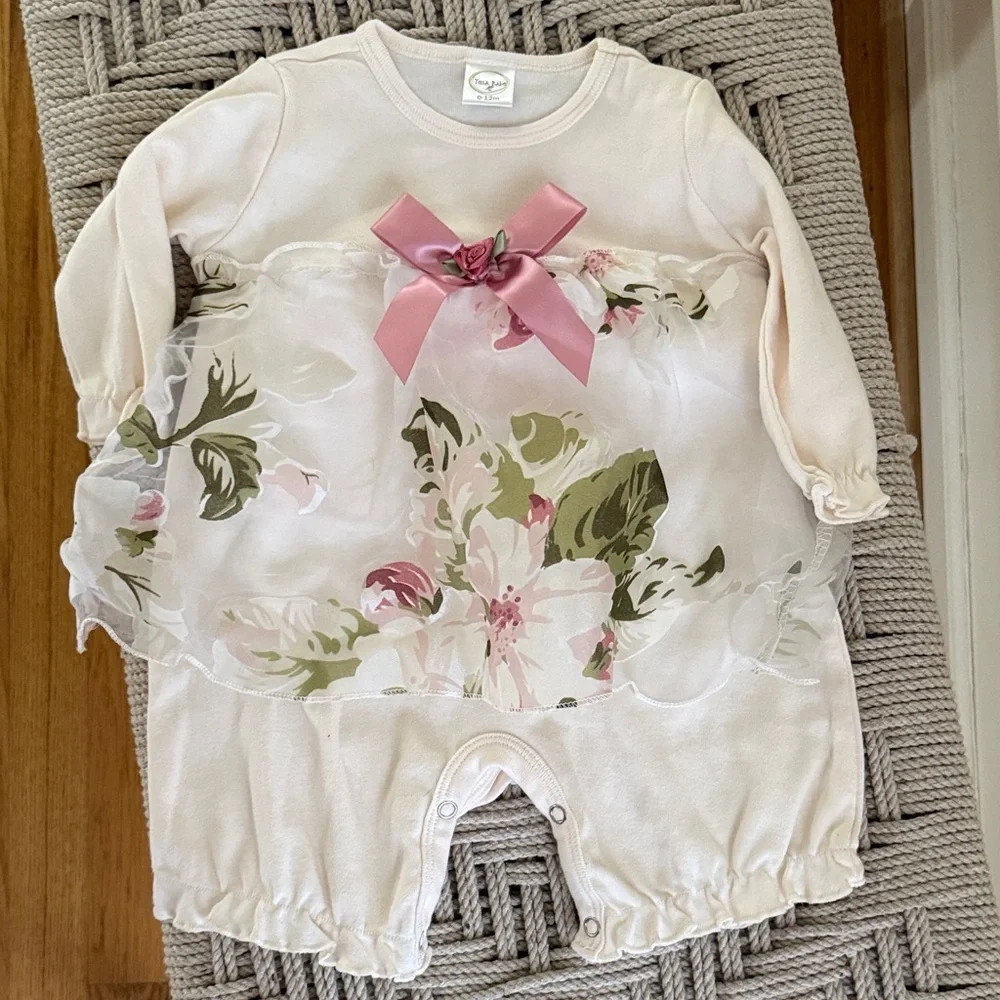 Tesa Babe Floral Romper 6-12M Ivory Pink Bow Sheer Ruffle